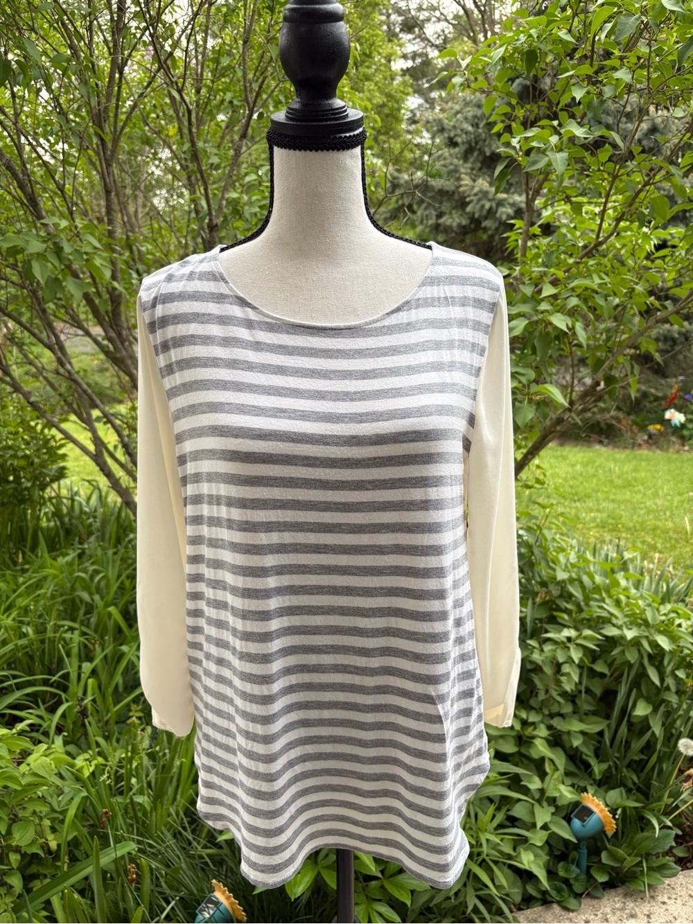 LOFT Gray & Cream Striped Long-Sleeve Scoop Neck Top